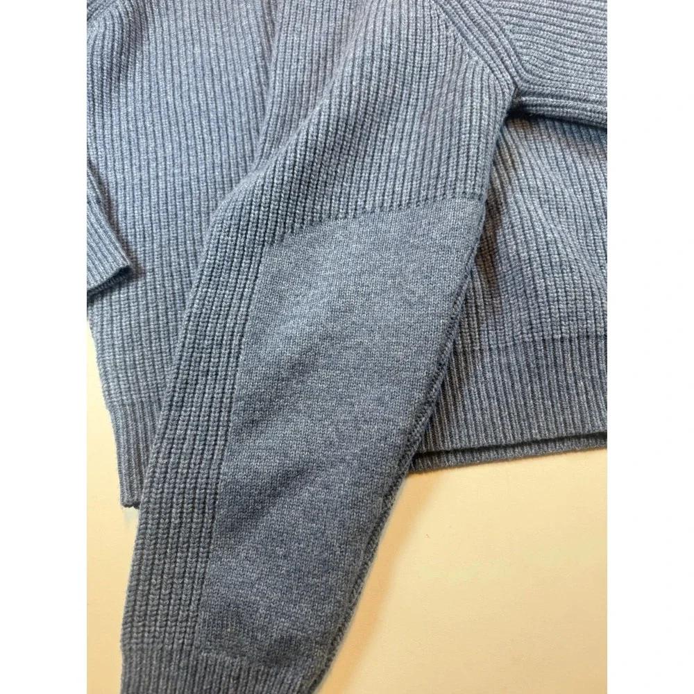 LL Bean Sweater Mens Blue Merino Lambswool 1/4 Zip Brown Collar‎ 237808 Large